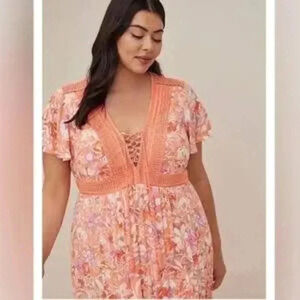 Torrid Lace Up Tea Length Dress Crinkle Floral Coral Plus Size 2X Midi Dress